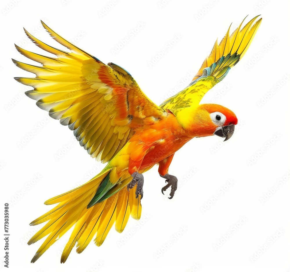 yellow aratinga parrot flies on a white background isolated