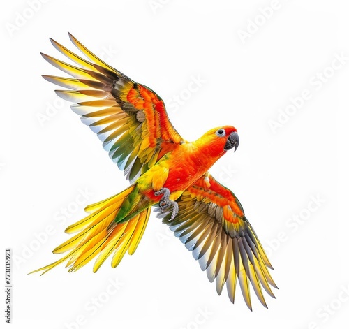 yellow aratinga parrot flies on a white background isolated photo