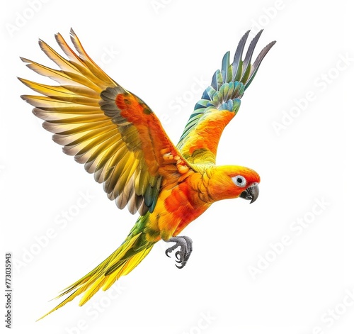 yellow aratinga parrot flies on a white background isolated photo