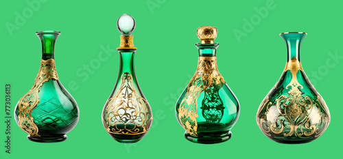 Beautiful Art Nouveau glass decanter made of green glass with gold decorations. Set of decorative glass carafes on the green background.
