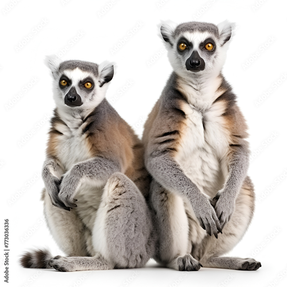 Naklejka premium Group of lemur katta (Lemur catta) on white background