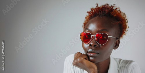 A woman with red hair and a heart shaped pair of sunglasses, looking at the camera with a thoughtful expression. african american woman with heart shapped glasses on wearing white on white background
