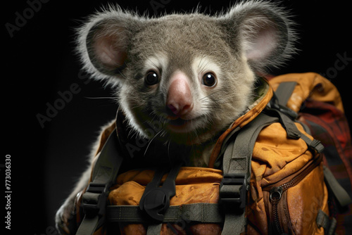 A grey koala baby in a backpack  ready for a hiking adventure on a grey background.