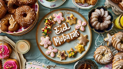 Intricately decorated cookies spell out "Eid Mubarak" amidst a spread of festive treats. 