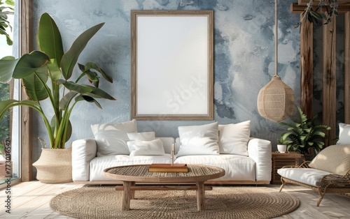 Mockup frame close up in coastal style home interior background, 3d render