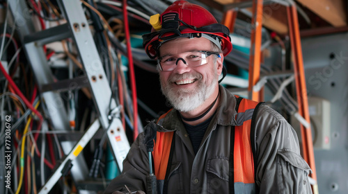 Electrician in safety helmet inspecting electrical systems.