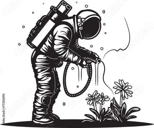 Space Gardener Vector Plant Care Icon Astronaut Botanist Plant Watering Emblem