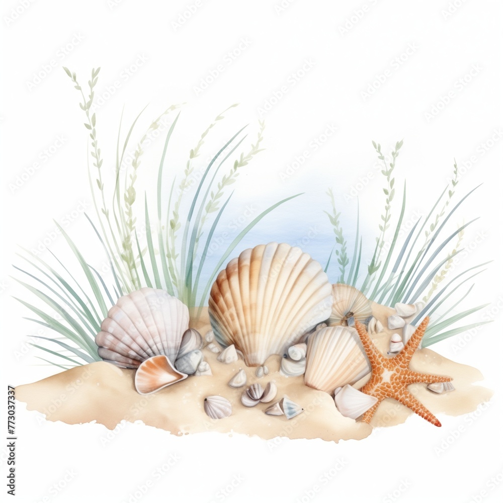 Obraz premium Seashells in the watercolor sea scene with beach and sand