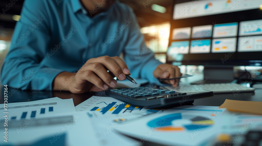 Business professional analyzing data with calculator. Business professional analyzing data with calculator.
