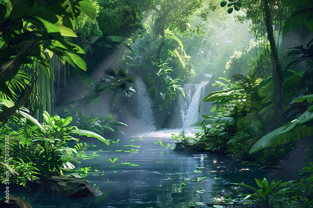 A serene waterfall in a lush jungle setting, perfect for a relaxing weekend getaway Generative AI