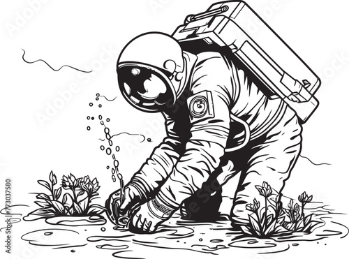 Astronaut Botanist Plant Watering Emblem Interstellar Plant Care Vector Logo Design