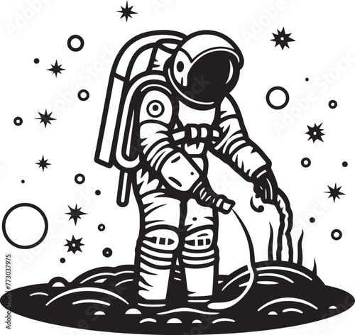 Interstellar Oasis Astronaut Plant Watering Icon Graphics Astral Greenery Vector Emblem of Astronaut Gardening Adventures © BABBAN