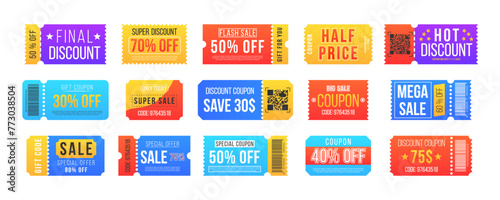 Vintage cinema ticket concert and festival event, movie theater coupon. Half price offer, promo code gift voucher and coupons template. Big sale and super sale coupon discount. Vector illustration