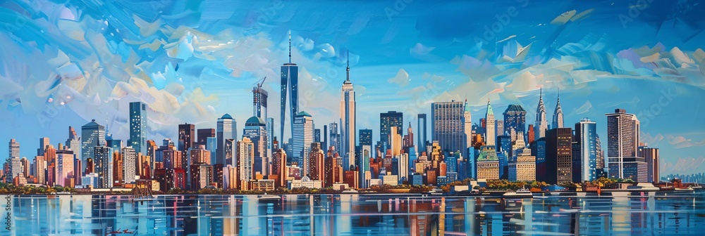 Cityscape at Sunset A Vibrant Painting of the Manhattan Skyline Generative AI
