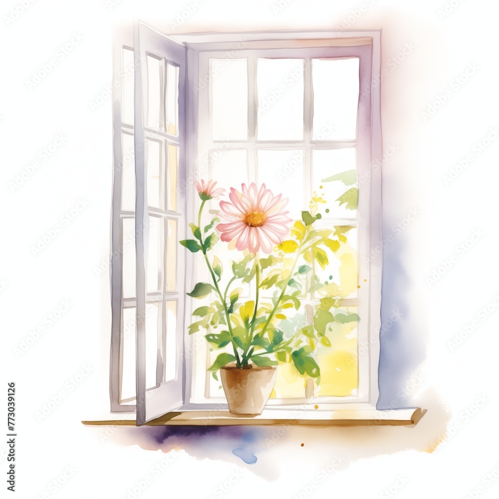 Fototapeta premium Cute plant in front of a window scene in watercolor illustration