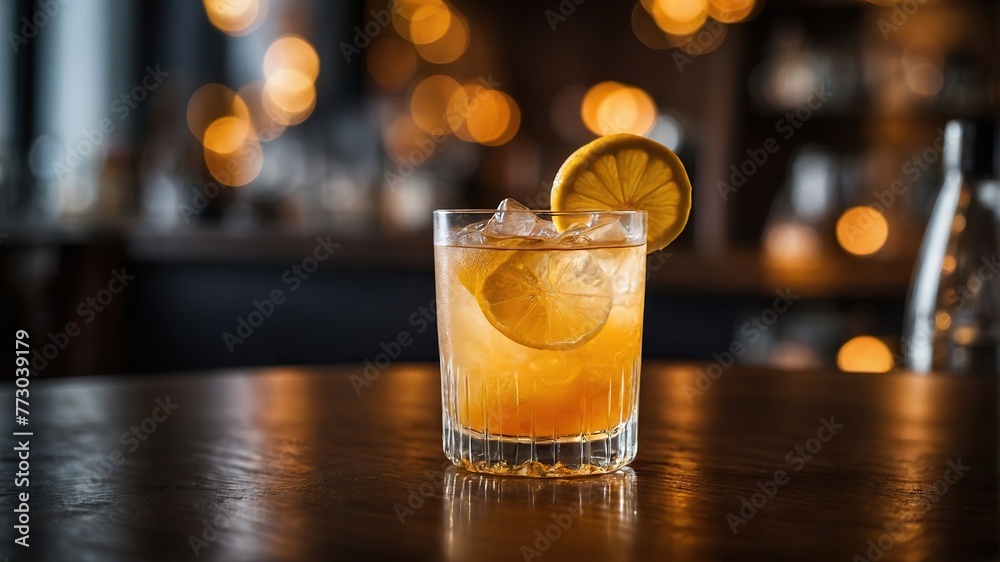 Amaretto Sour Cocktail on the bar counter. Amaretto Sour Cocktail on the bar counter.