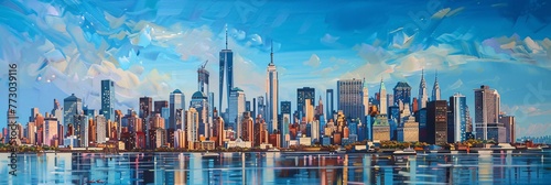 Cityscape at Sunset A Vibrant Painting of the Manhattan Skyline Generative AI