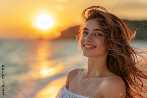 portrait of a girl at sunset against the backdrop of the sea © Андрей Трубицын