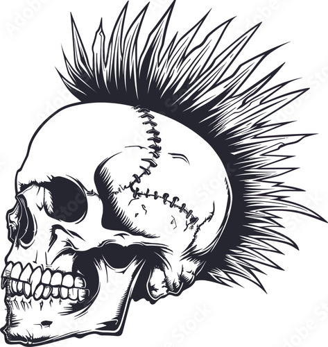 Skeleton skull punk mohawk hair, vector illustration.