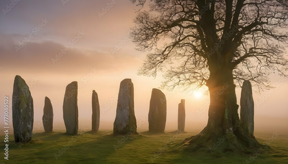 Ancient Celtic Stone Circle Misty Landscape Drui