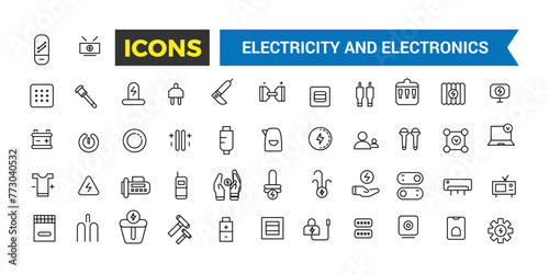 Electricity and Electronics Icon Set, Set Of Home Electrification, Electrical Wire And Cable, Electricity Meter, Junction Box, Switch, Extension Cord, Power Strip Vector Icons, Vector Illustration