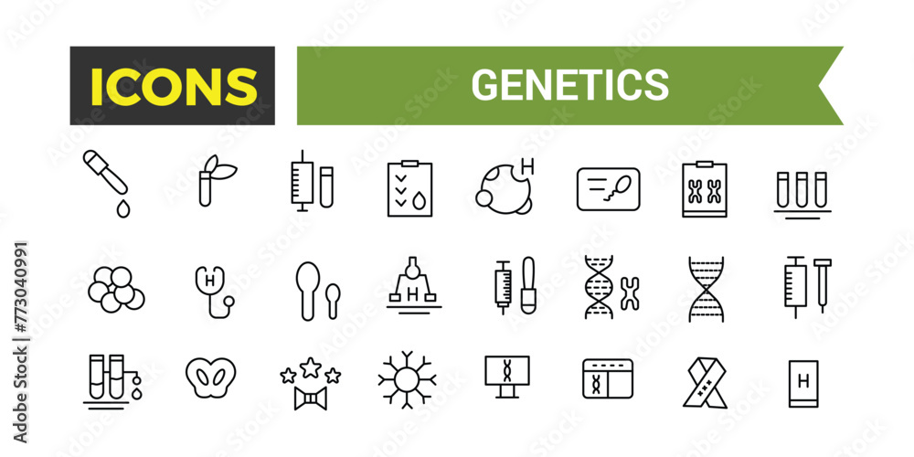 Genetics Icons Set, Set Of Genes, Dna Structure, Chromosomes, Genetic Engineering, Test Tubes, Microscope, Science Lab Vector Icon With Editable Stroke, Vector Illustration