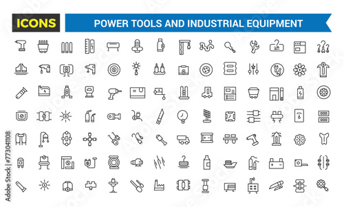 Power Tools And Industrial Equipment Icons Set, Set Of Electric Tools And Instruments, Welding Equipment, Air Compressor Machines Vector Icons, Vector Illustration