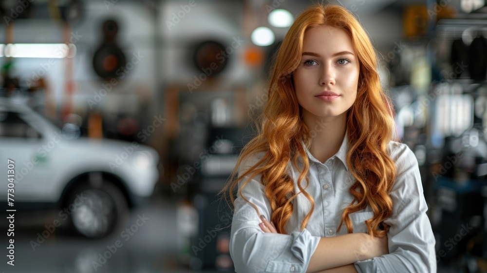 A woman with red hair stands confidently in front of a sleek car A woman with red hair stands confidently in front of a sleek car