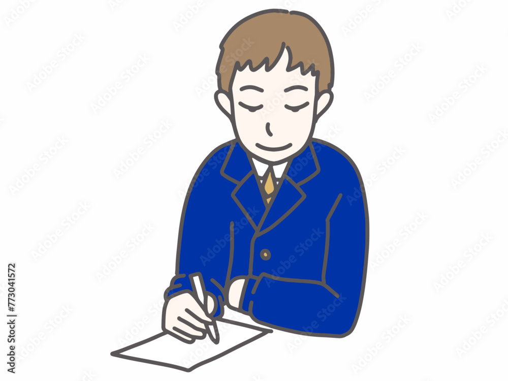青いスーツを着てメモを書いている男性