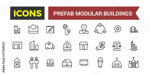 Prefab Modular Buildings Icons Set, Set Of Prefabricated Shipping Container Homes, Modular Construction, Barn House, Office, Garage, Toilet, Shed Vector Icon, Vector Illustration
