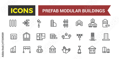 Prefab Modular Buildings Icons Set, Set Of Prefabricated Shipping Container Homes, Modular Construction, Barn House, Office, Garage, Toilet, Shed Vector Icon, Vector Illustration