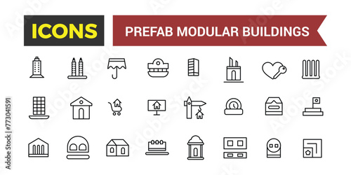 Prefab Modular Buildings Icons Set, Set Of Prefabricated Shipping Container Homes, Modular Construction, Barn House, Office, Garage, Toilet, Shed Vector Icon, Vector Illustration