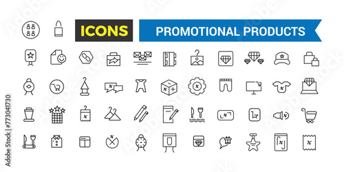 Promotional products icons set. Set of branding cap, t-shirt, cup, planner, calendar, advertising souvenirs, gifts. Thin outline icons pack. Vector illustration.