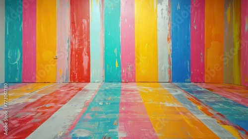 Vibrant vertical stipes of paint on a wall and floor. Empty room with colorful streaks of paint in retro vintage style. 