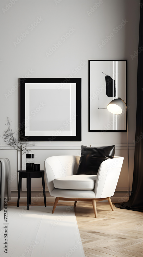 Fototapeta premium black white Tone Blank Decorative Painting Frame Mockup Vertical Picture Mobile Poster Display Background