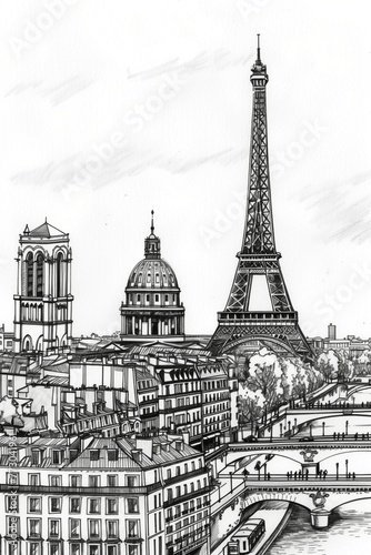 Black and white illustration of Paris, featuring prominent landmarks such as the Eiffel Tower and Sacré-Cœur Basilica amid the city's urban landscape, with the Seine River. © Peeradontax