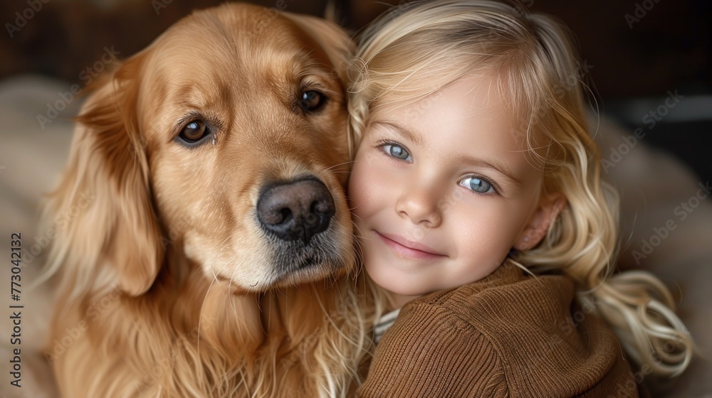 A young girl affectionately embraces a golden retriever dog