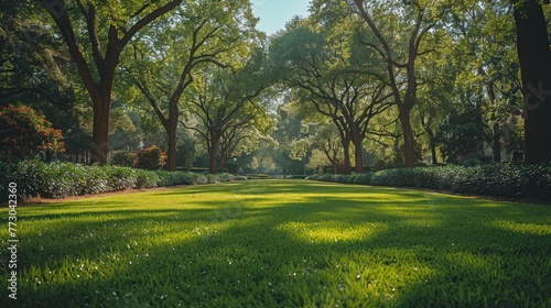 A green park with numerous lush trees creating a dense canopy