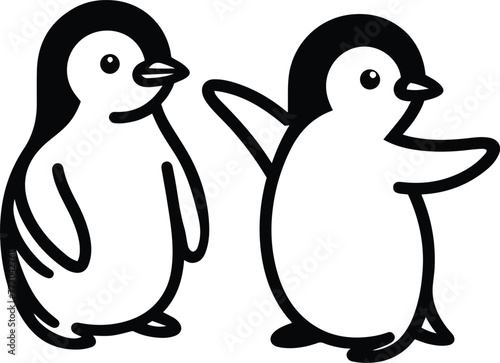 Two cute penguin vector icon line styles. Two happy penguin icon illustration vectors on white background.Cute cartoon penguins.