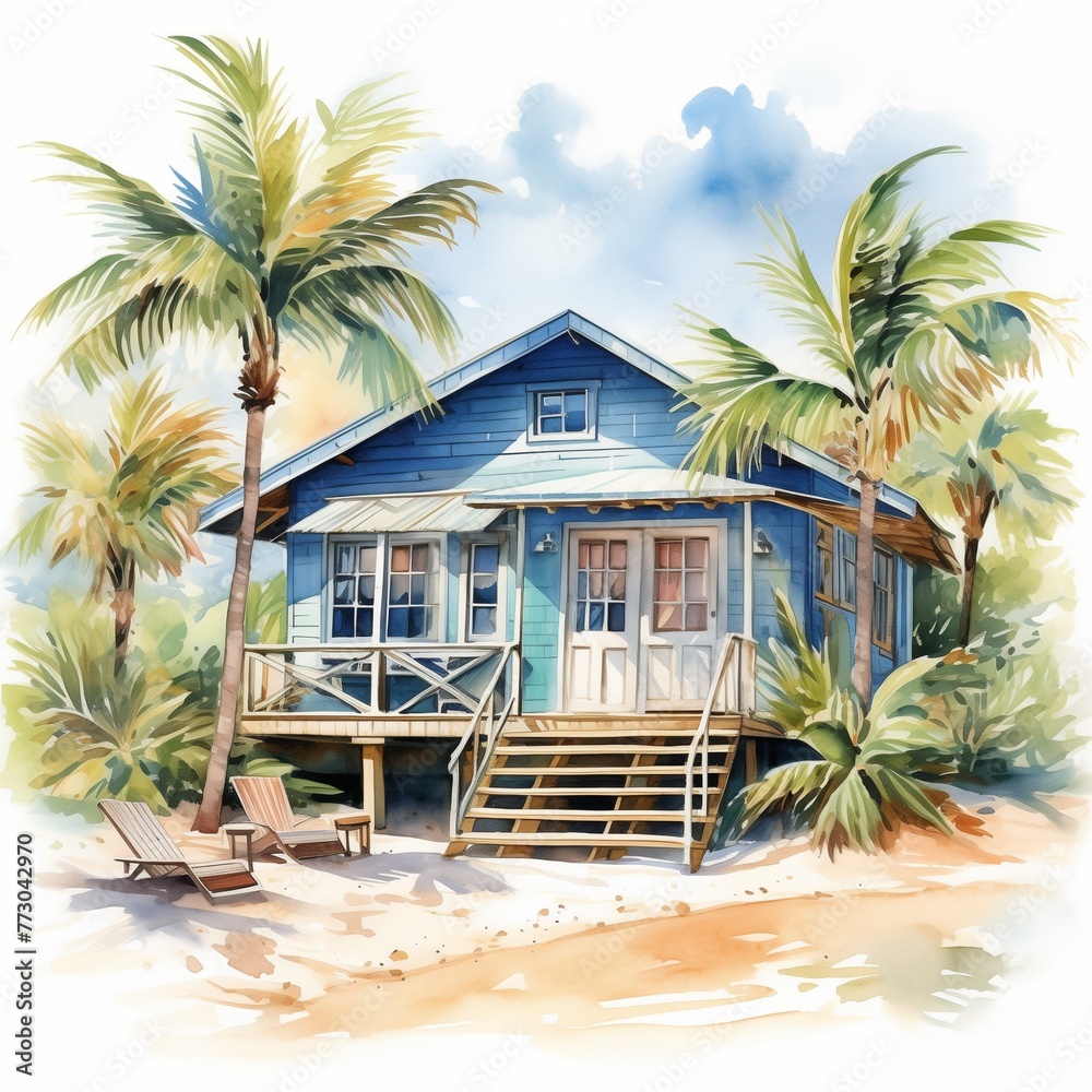 Tropical beach house watercolor scene isolated on white