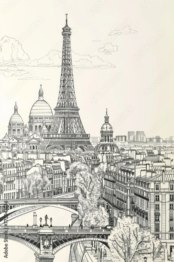 Obraz premium Black and white illustration of Paris, featuring prominent landmarks such as the Eiffel Tower and Sacré-Cœur Basilica amid the city's urban landscape, with the Seine River.