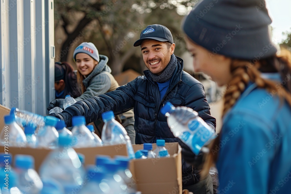 Smiling of volunteers packing water bottle, Smiling of volunteers packing water bottle,