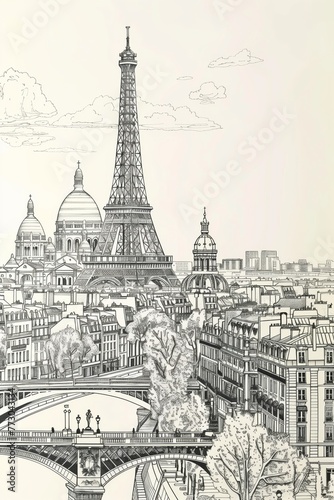 Black and white illustration of Paris  featuring prominent landmarks such as the Eiffel Tower and Sacr  -C  ur Basilica amid the city s urban landscape  with the Seine River.