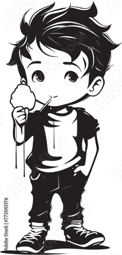 Frosty Frolic Cartoon Character with Ice Cream Icon Sugary Sojourn Vector Logo of a Kid and His Ice Cream Journey