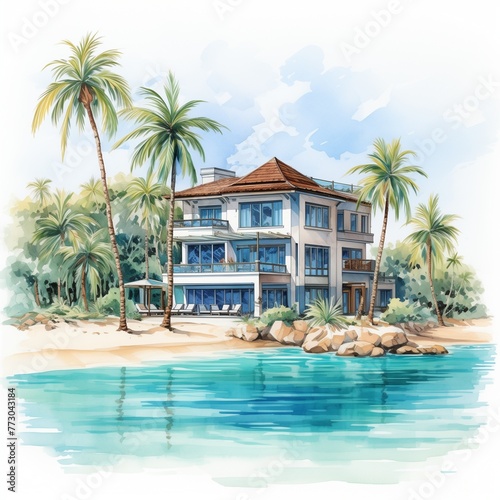 Tropical beach house watercolor scene isolated on white © Minimal Blue