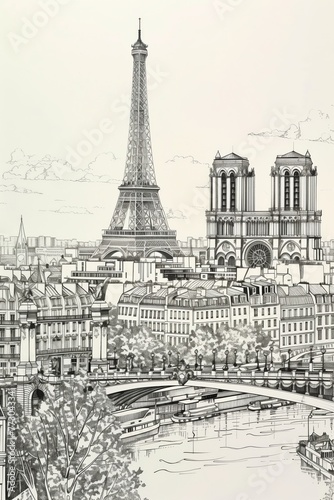 Black and white illustration of Paris, featuring prominent landmarks such as the Eiffel Tower and Sacré-Cœur Basilica amid the city's urban landscape, with the Seine River.
