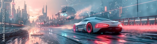 A futuristic cityscape with a car driving down a wet road