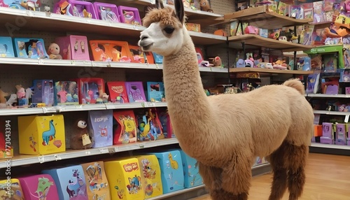 A Llama In A Toy Store Playing With Toys