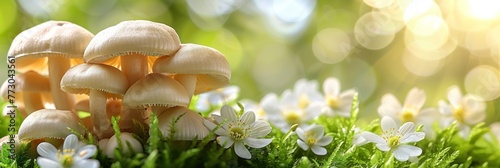 A group of mushrooms sits on top of a vibrant green field photo