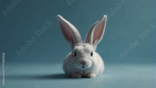 Easter Bunny's Arrival White Rabbit Ear on Pastel Blue Background photo